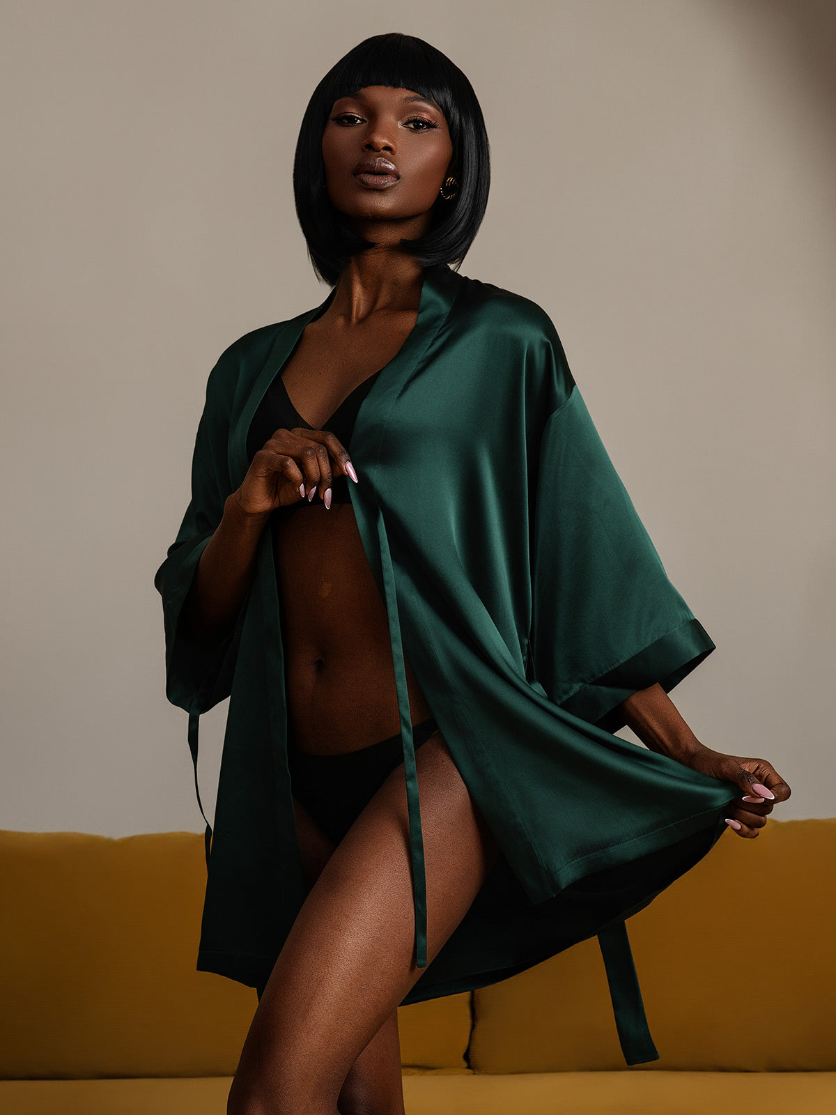 [Dark Green] SilkSilky-CA Pure Silk Half Sleeve Womens Robe 001