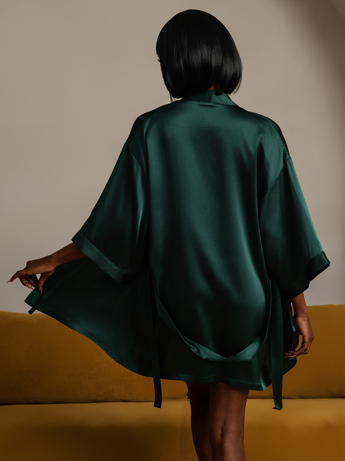 [Dark Green] SilkSilky-CA Pure Silk Half Sleeve Womens Robe 002