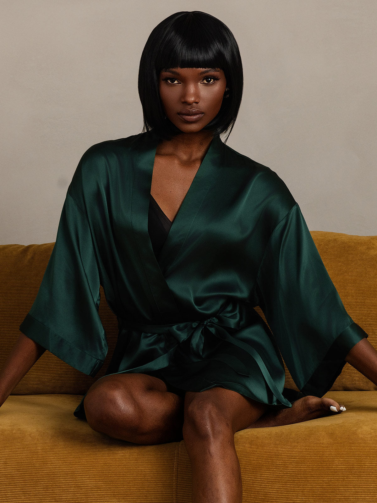 [Dark Green] SilkSilky-CA Pure Silk Half Sleeve Womens Robe 003