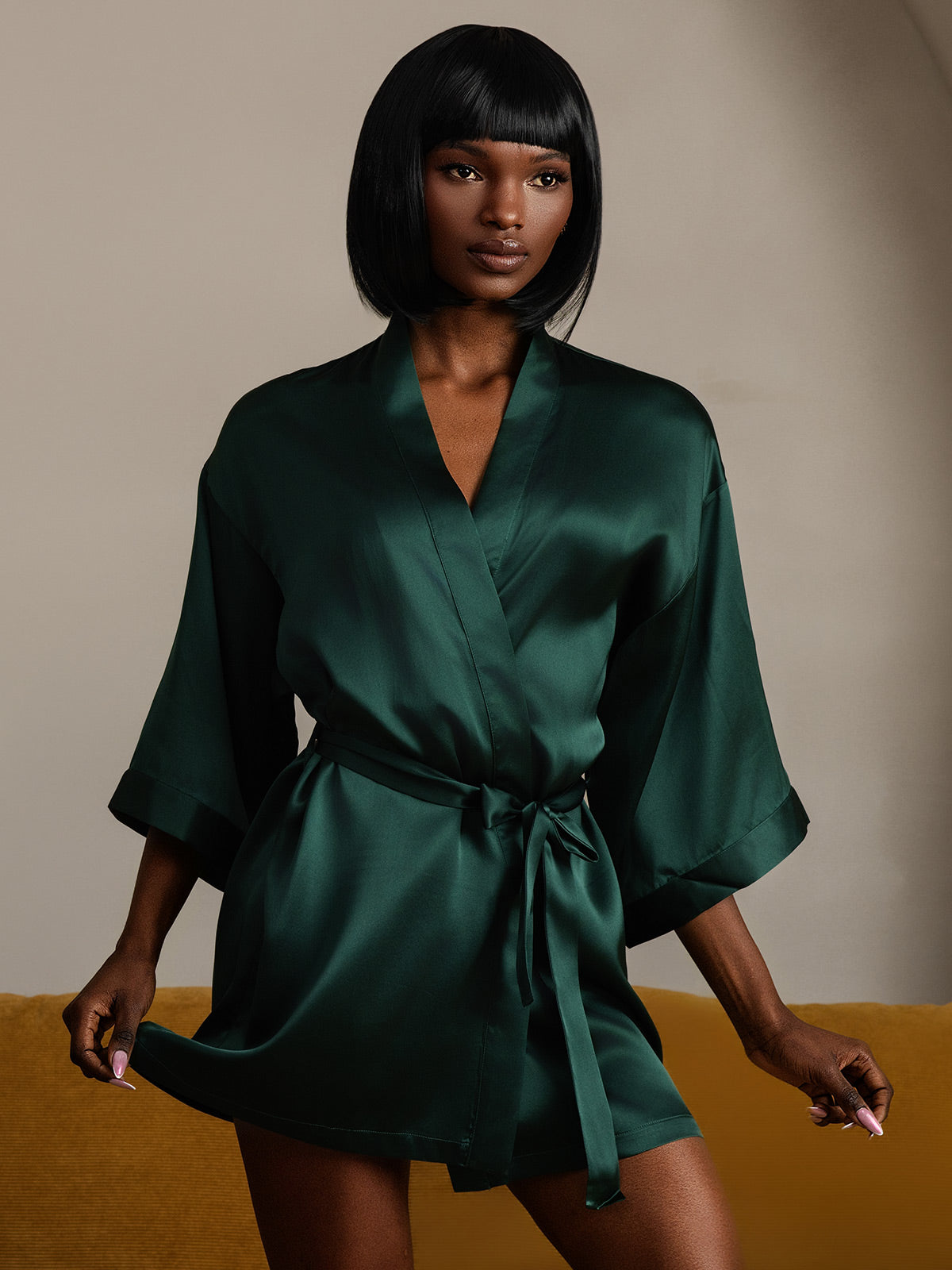 [Dark Green] SilkSilky-CA Pure Silk Half Sleeve Womens Robe 004