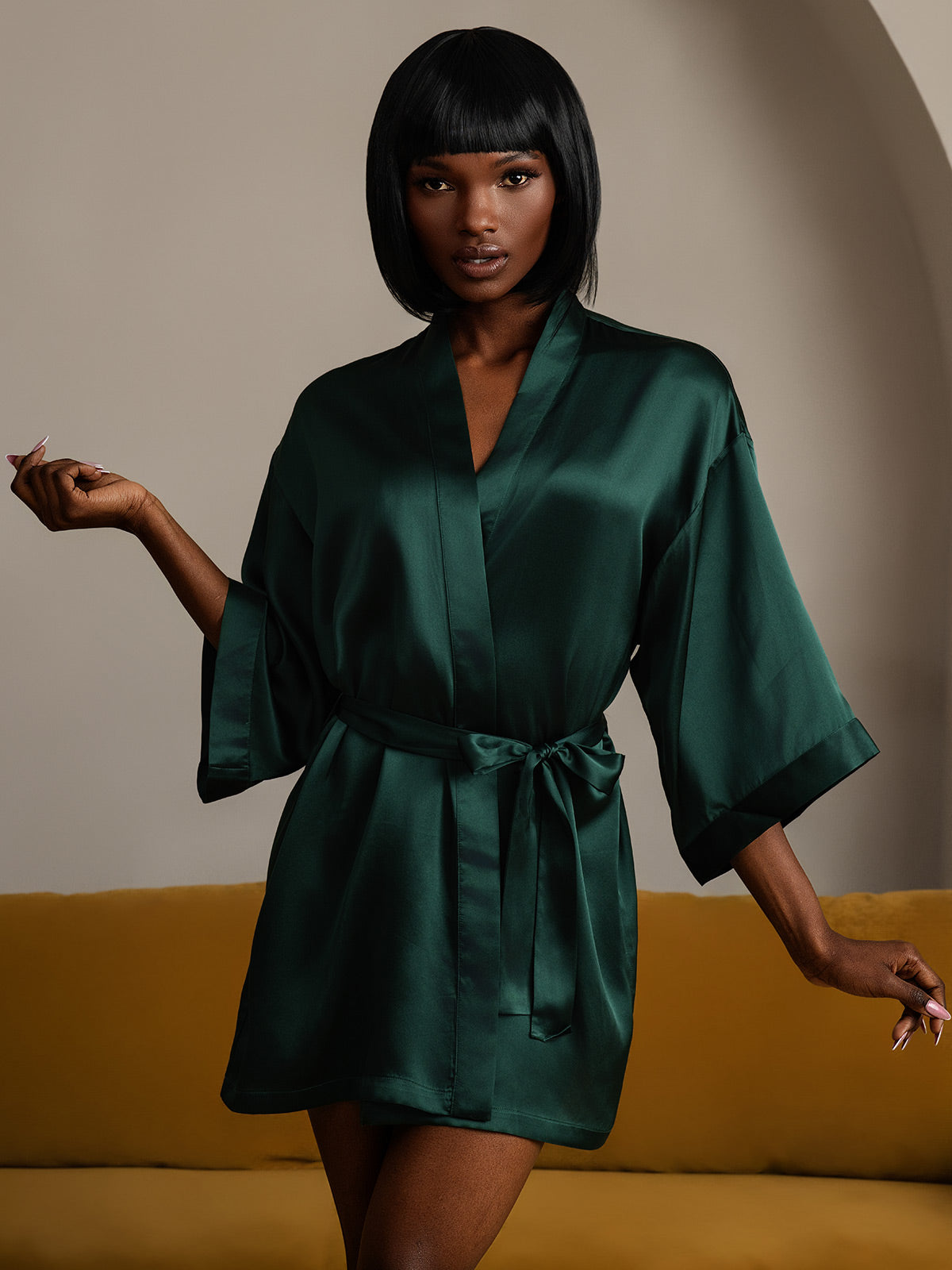 [Dark Green] SilkSilky-CA Pure Silk Half Sleeve Womens Robe 006