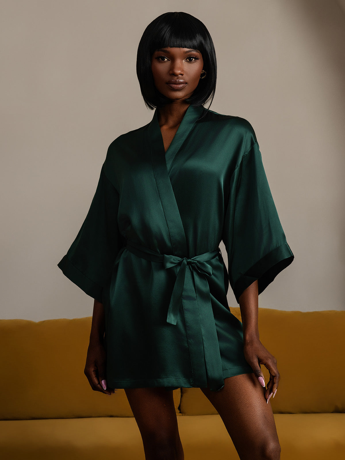 [Dark Green] SilkSilky-CA Pure Silk Half Sleeve Womens Robe 006