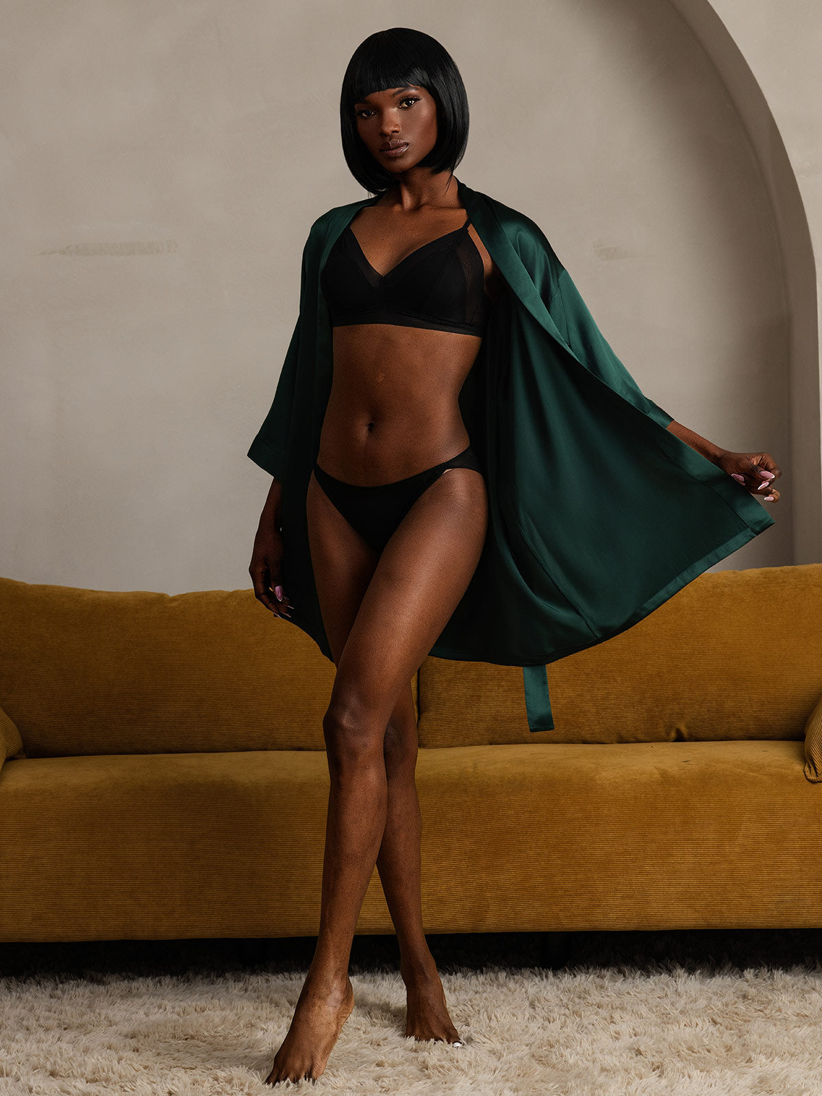 [Dark Green] SilkSilky-CA Pure Silk Half Sleeve Womens Robe 007