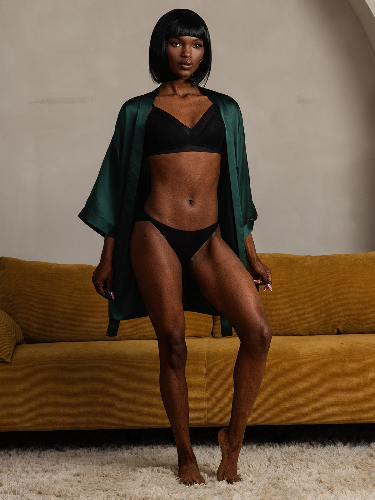 [Dark Green] SilkSilky-CA Pure Silk Half Sleeve Womens Robe 008