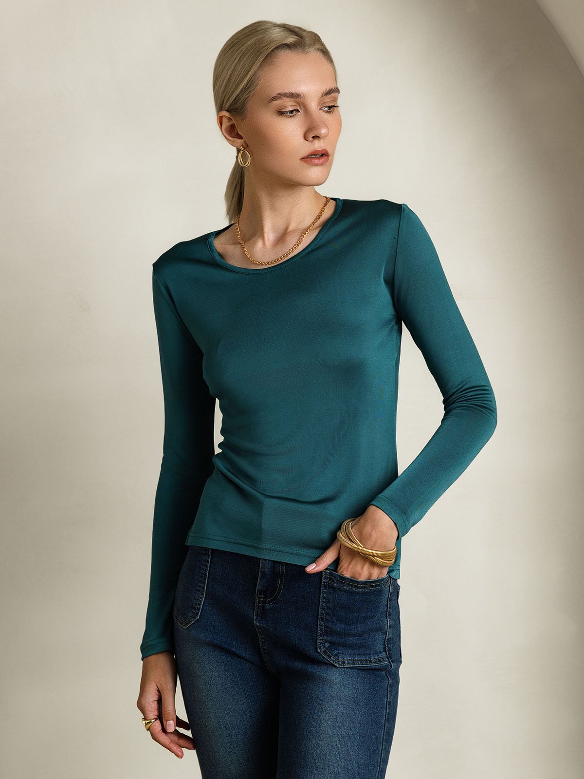 [Dark Green] SilkSilky-CA Silk Long Sleeve Round Neck Women's T-Shirt 001