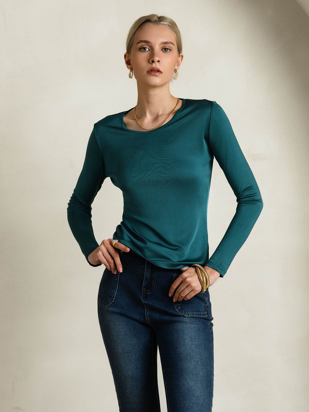 [Dark Green] SilkSilky-CA Silk Long Sleeve Round Neck Women's T-Shirt 003