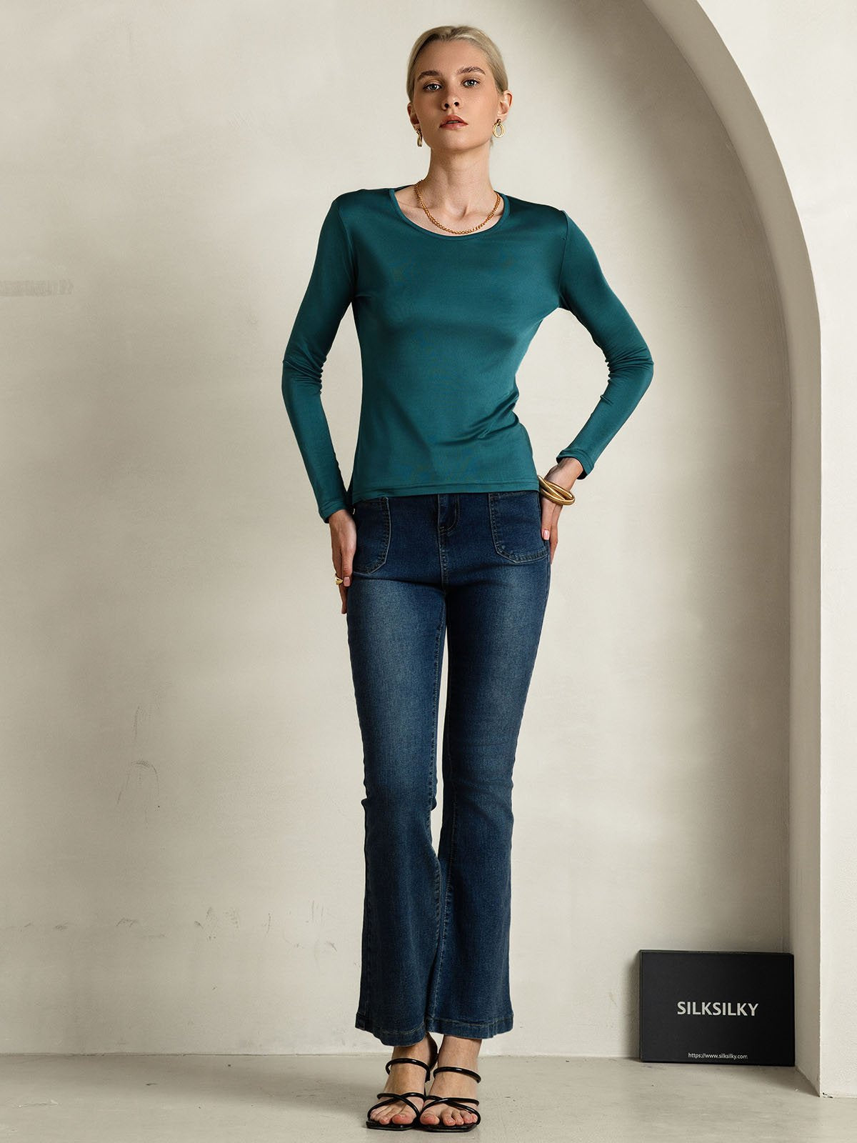 [Dark Green] SilkSilky-CA Silk Long Sleeve Round Neck Women's T-Shirt 005