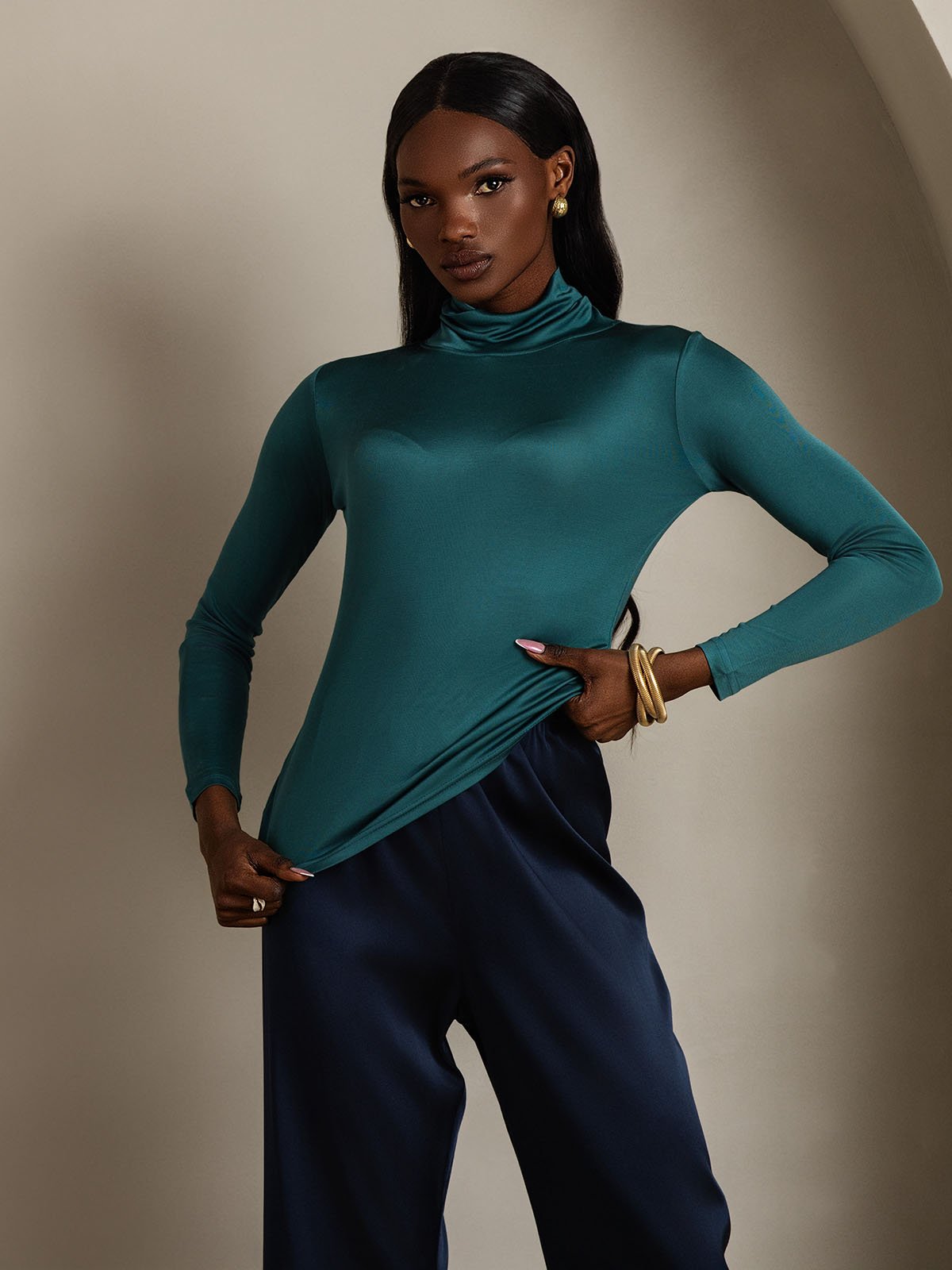 [Dark Green] SilkSilky-CA Silk Long Sleeve Womens T-Shirt 004