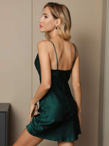 [Dark Green] SilkSilky-CA Spaghetti Strap Cowl Neck Nightgown 002