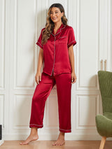 [Dark Red] SilkSilky-CA Short Sleeve Lapel Collar Women's Pajamas 002