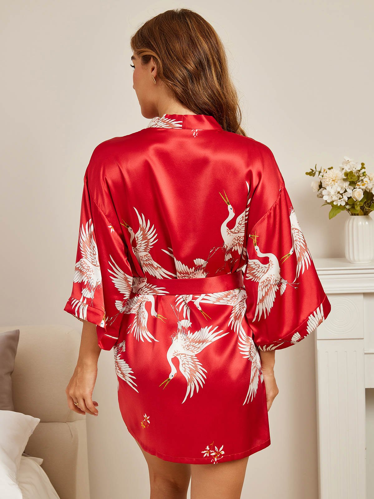 [Dark Red] SilkSilky-CA 19Momme Pure Silk 3/4 Sleeve Deep V Neck Women's Robe 002