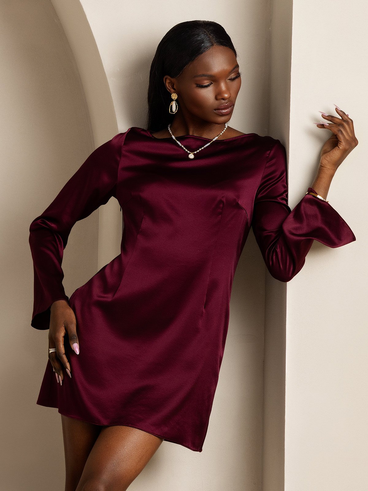 [Dark Red] SilkSilky-CA 19Momme Silk Long Sleeve Boat Neck Dress 001
