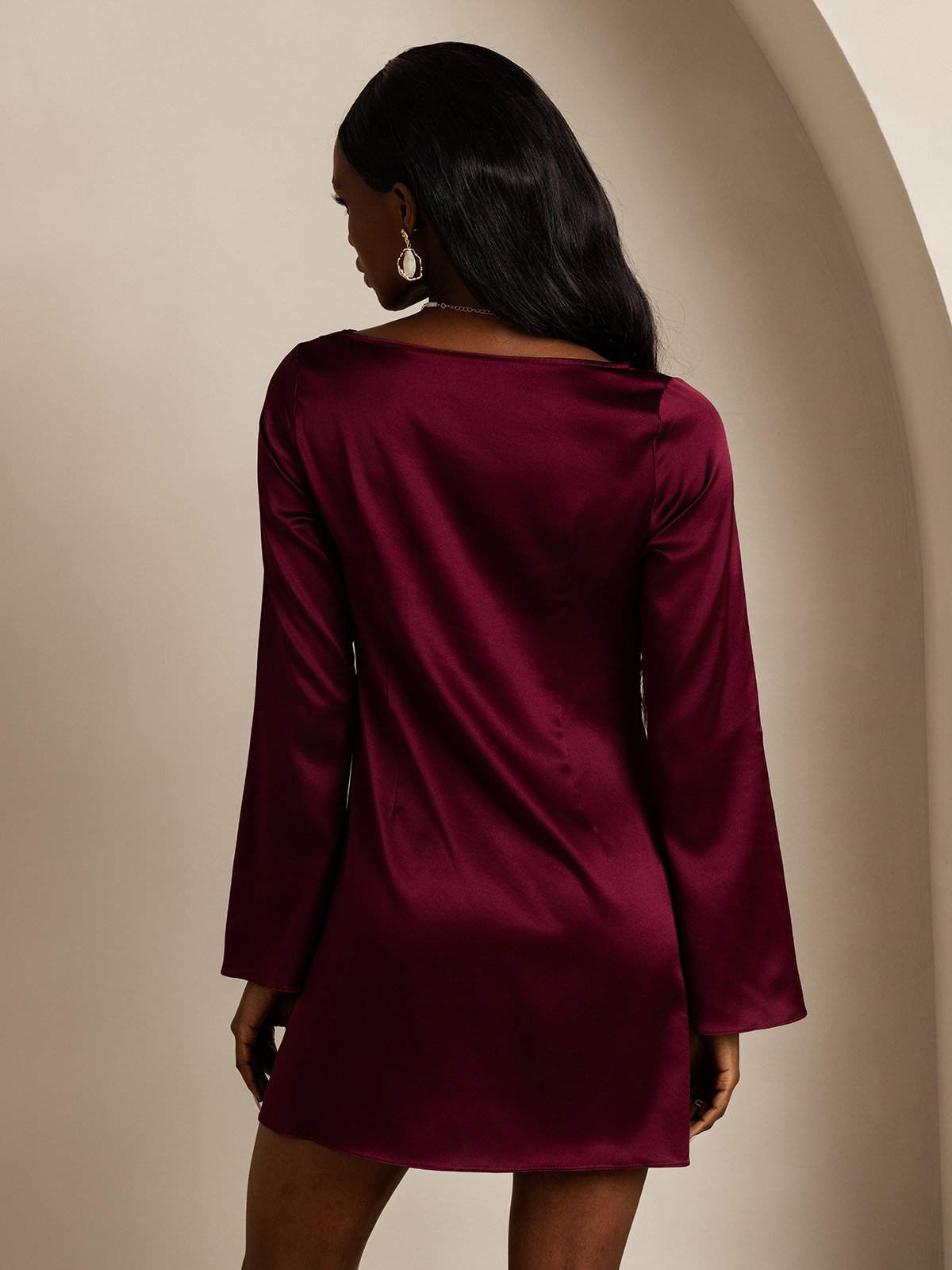 [Dark Red] SilkSilky-CA 19Momme Silk Long Sleeve Boat Neck Dress 002