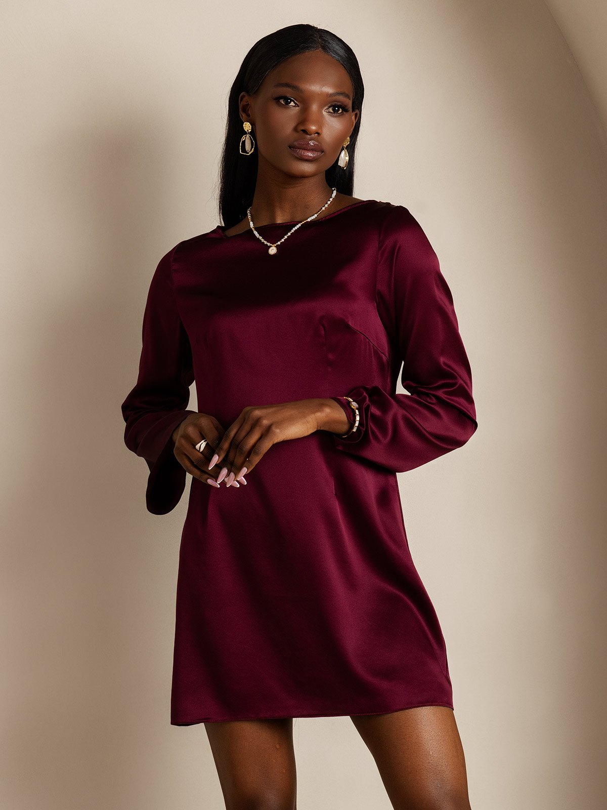 [Dark Red] SilkSilky-CA 19Momme Silk Long Sleeve Boat Neck Dress 003