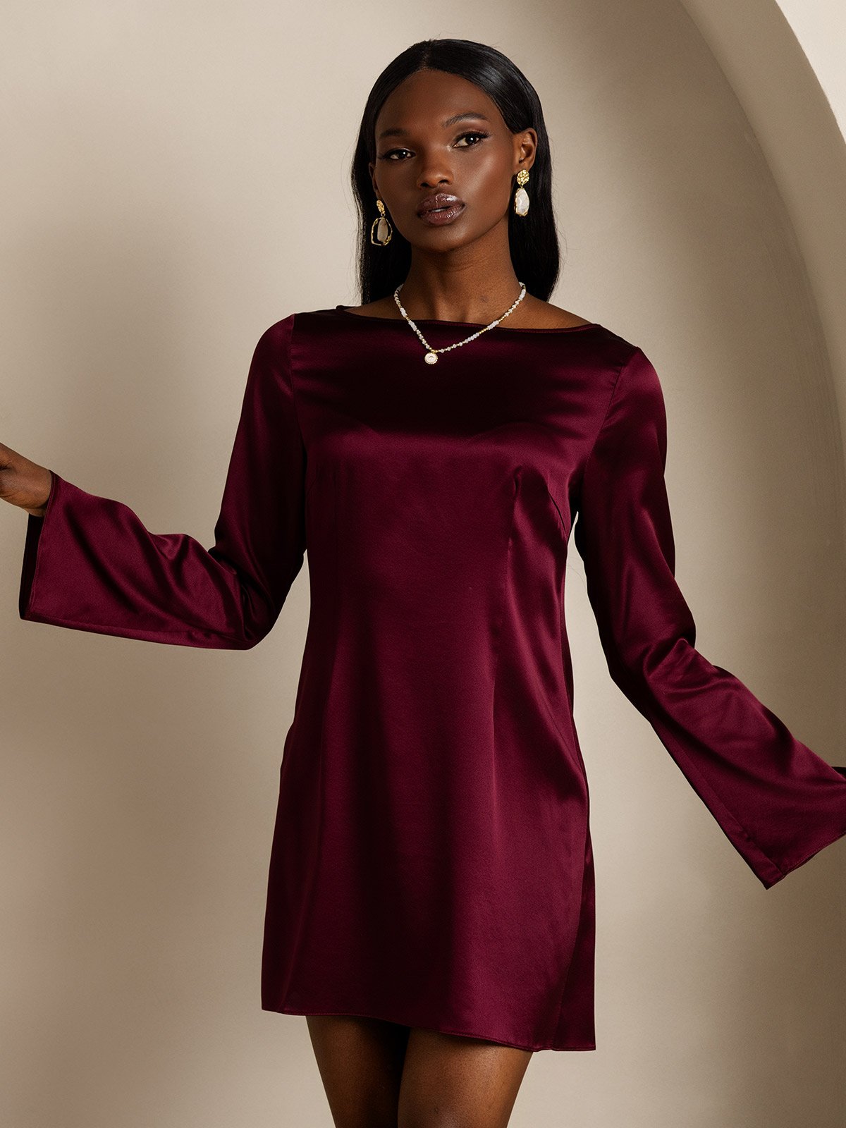 [Dark Red] SilkSilky-CA 19Momme Silk Long Sleeve Boat Neck Dress 004
