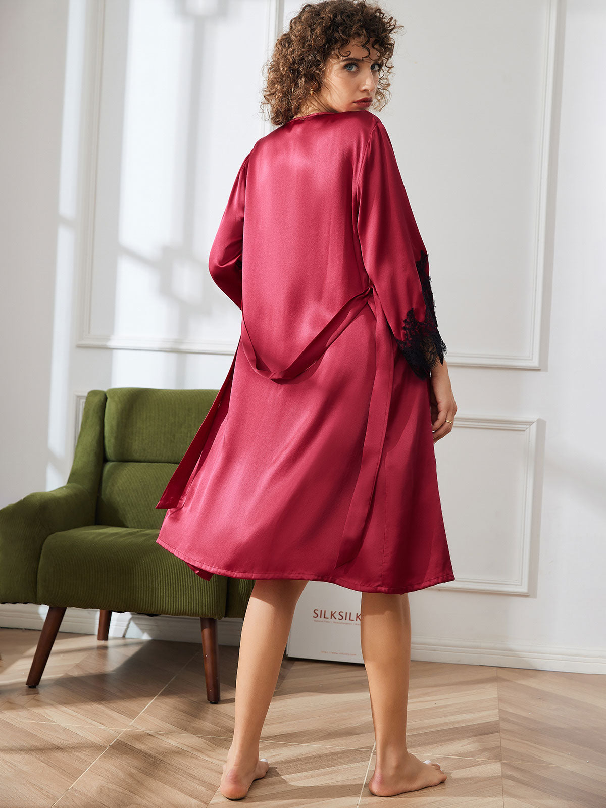 [Dark Red] SilkSilky-CA Pure Silk 3/4 Sleeve Nightgown&Robe Set 002