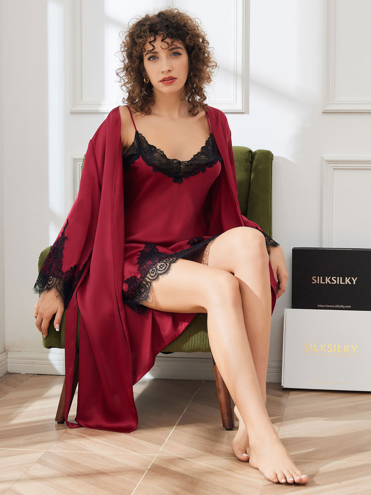 [Dark Red] SilkSilky-CA Pure Silk 3/4 Sleeve Nightgown&Robe Set 003