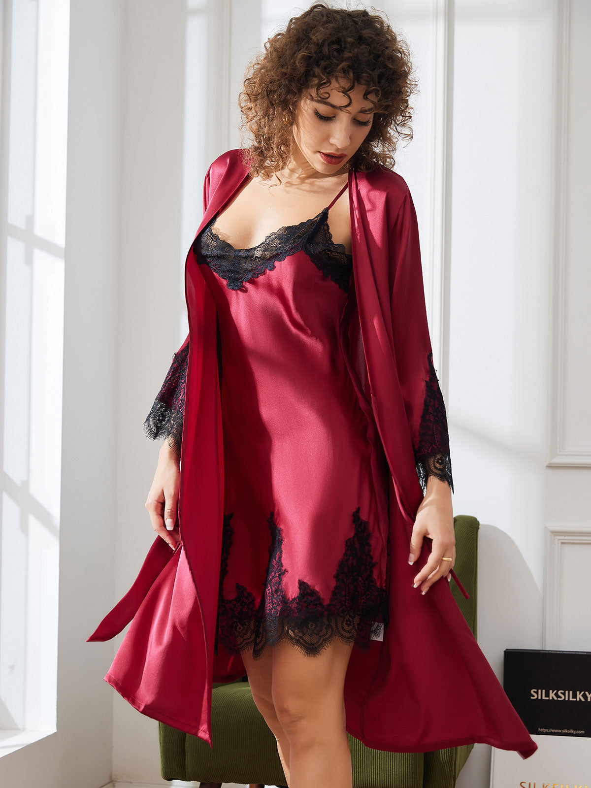 [Dark Red] SilkSilky-CA Pure Silk 3/4 Sleeve Nightgown&Robe Set 004
