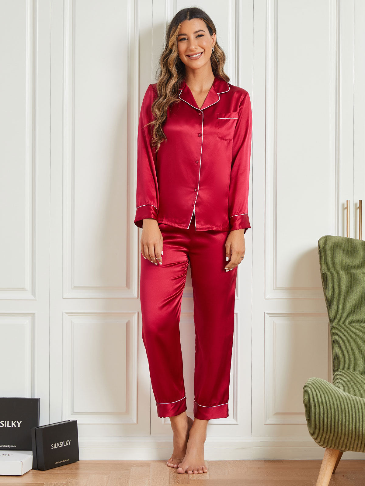 [Dark Red] SilkSilky-CA Pure Silk Long Sleeve Lapel Women's Pajamas 004