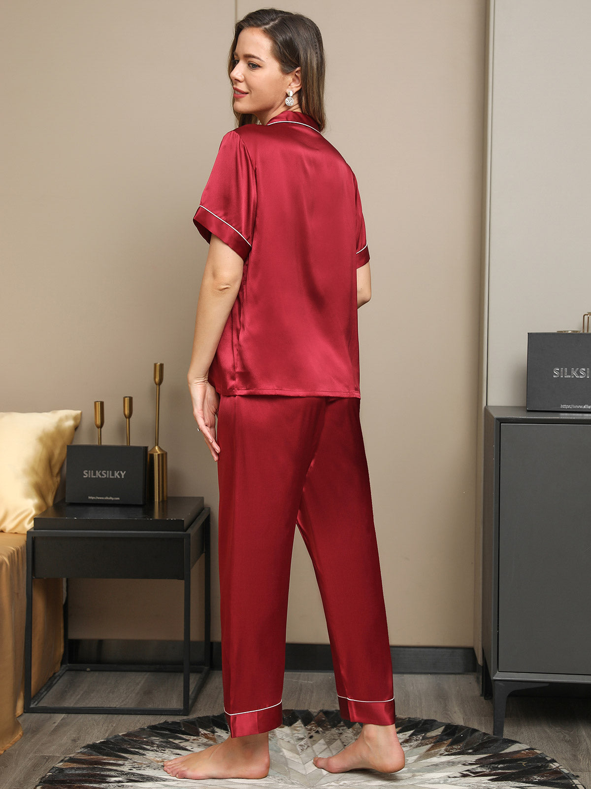 [Dark Red] SilkSilky-CA Pure Silk Short Sleeve Lapel Women's Pajamas 002
