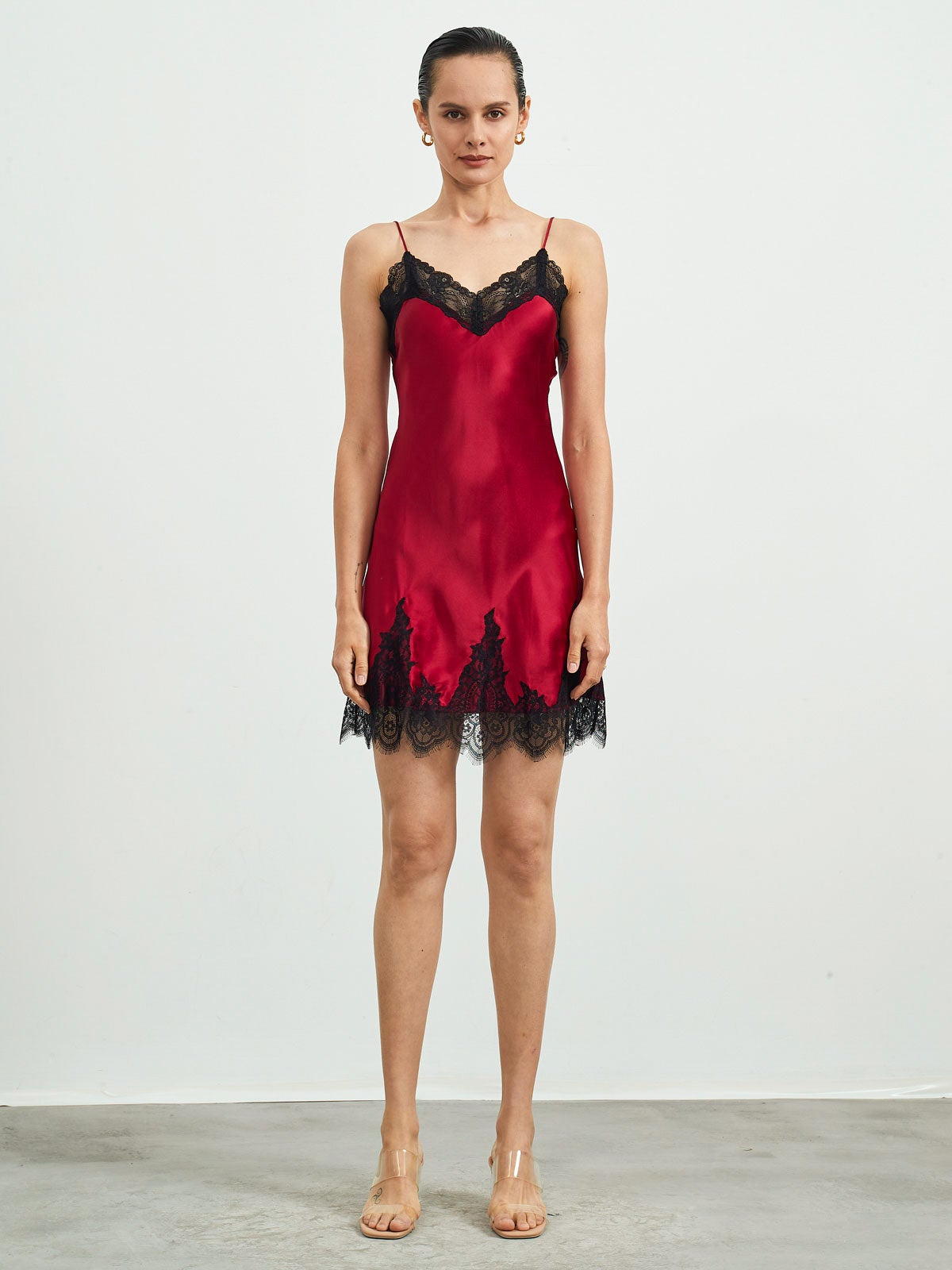 [Dark Red] SilkSilky-CA Pure Silk Sleeveless V Neck Nightgown 004