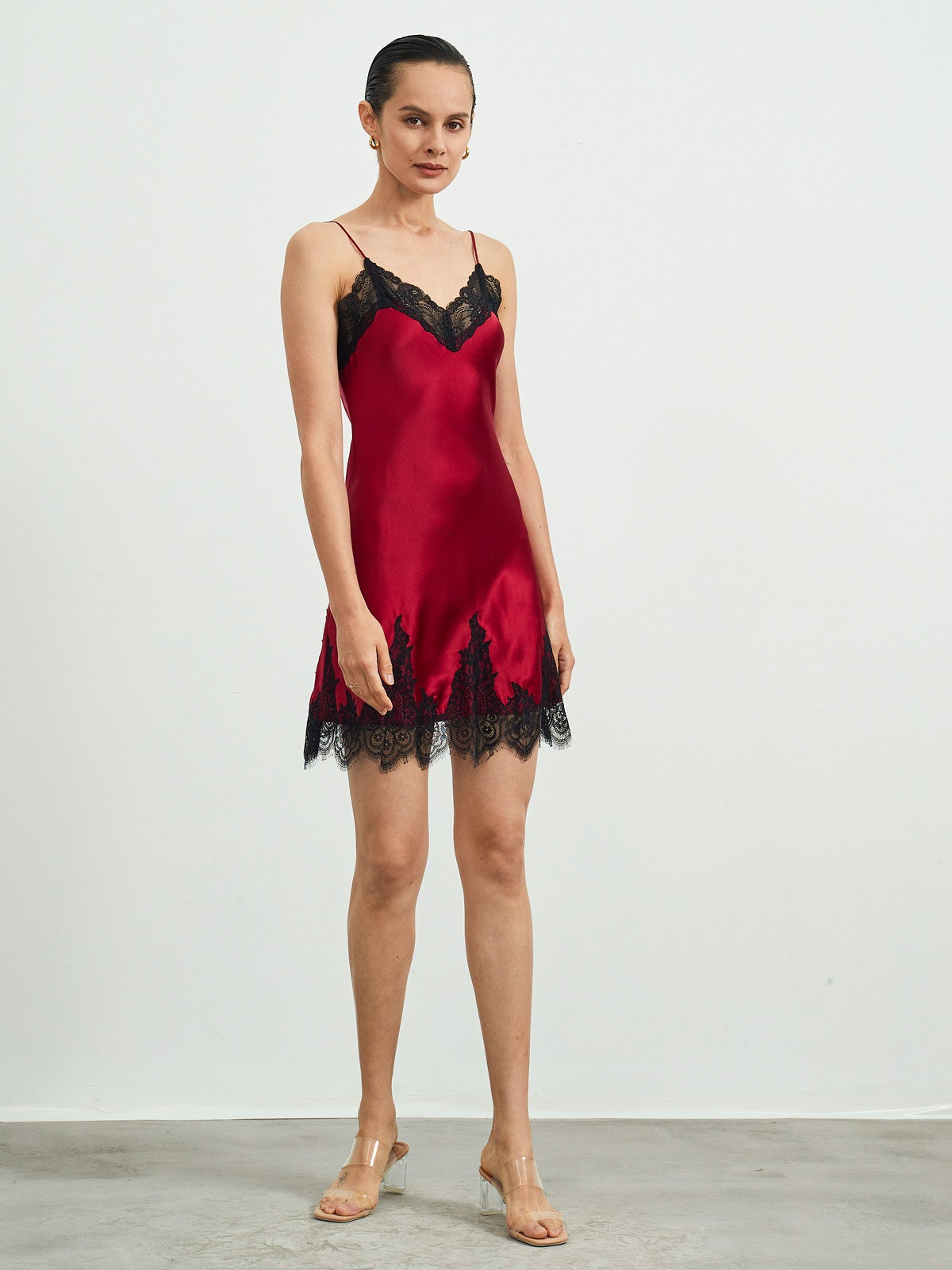 [Dark Red] SilkSilky-CA Pure Silk Sleeveless V Neck Nightgown 005