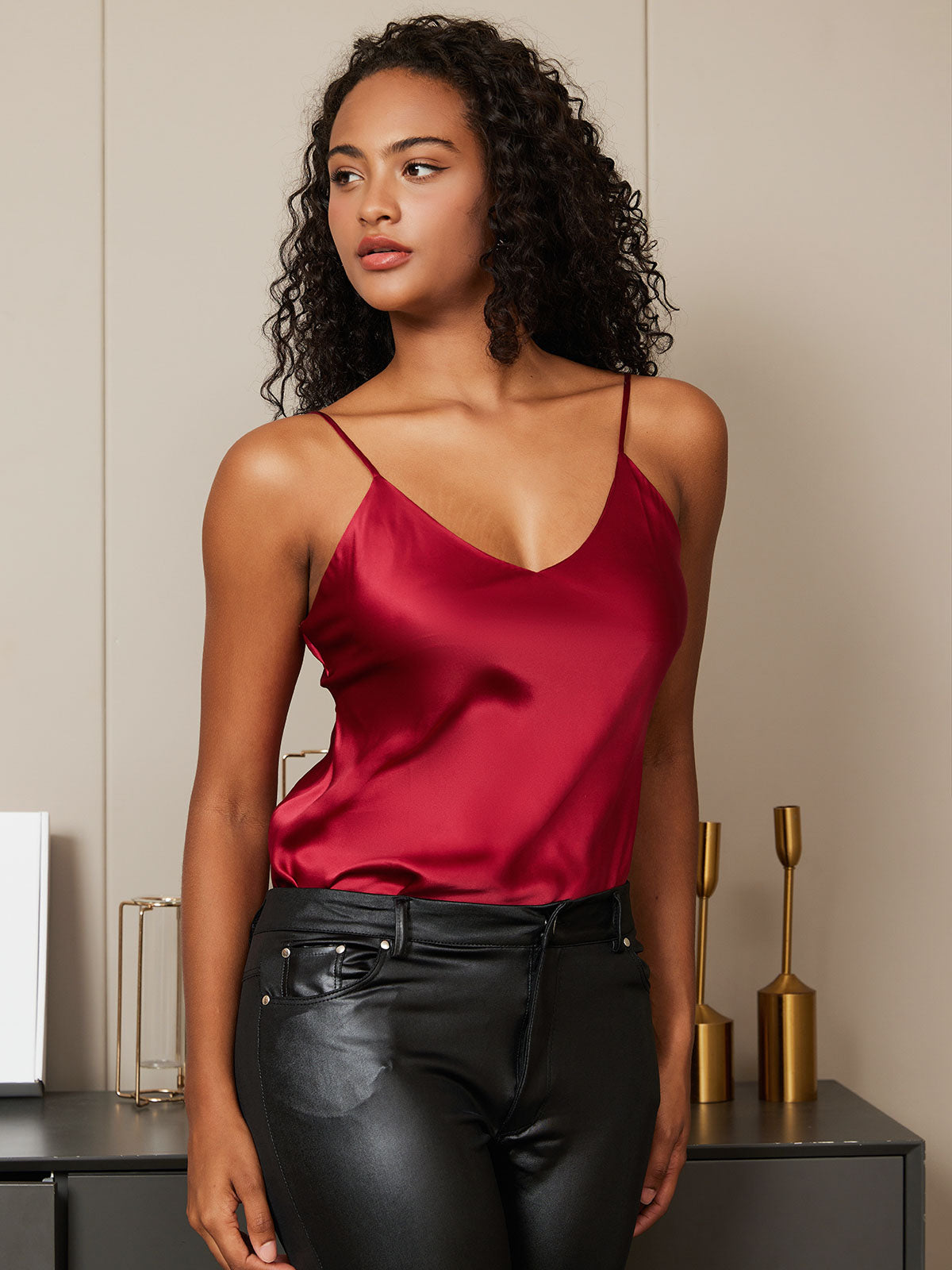 [Dark Red] SilkSilky-CA Pure Silk V Neck Camisole 002