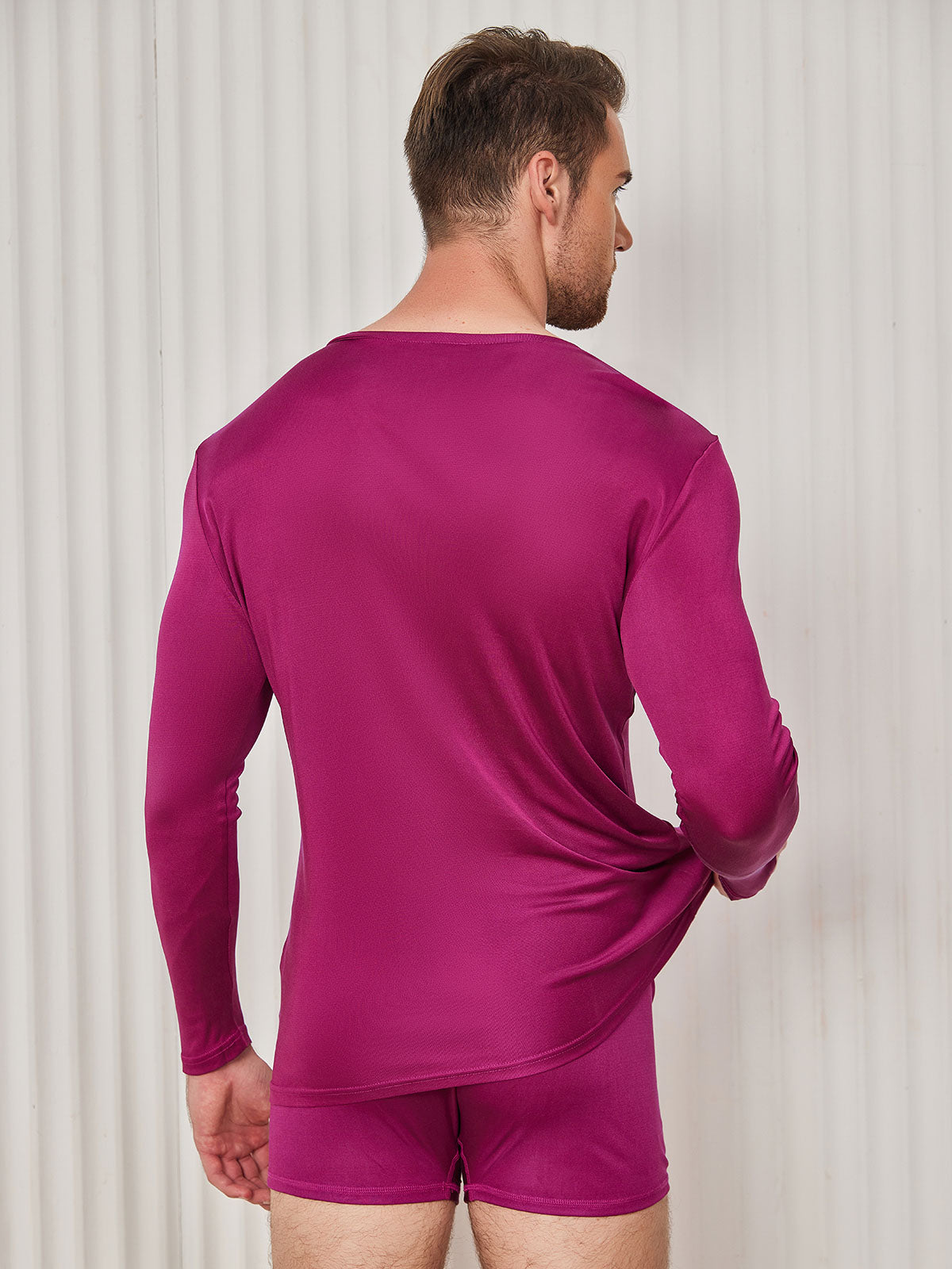 [Dark Red] SilkSilky-CA Silk Knitted Long Sleeve V Neck Men's T-Shirt 002