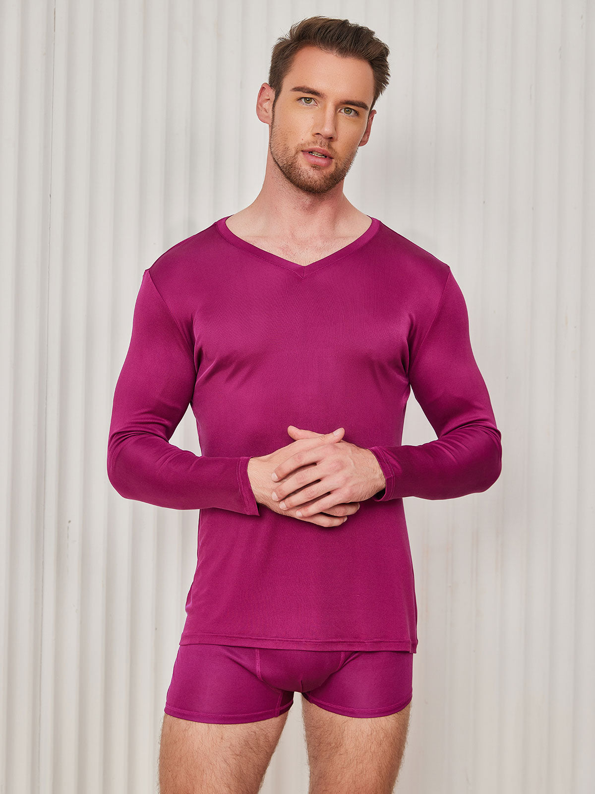 [Dark Red] SilkSilky-CA Silk Knitted Long Sleeve V Neck Men's T-Shirt 003