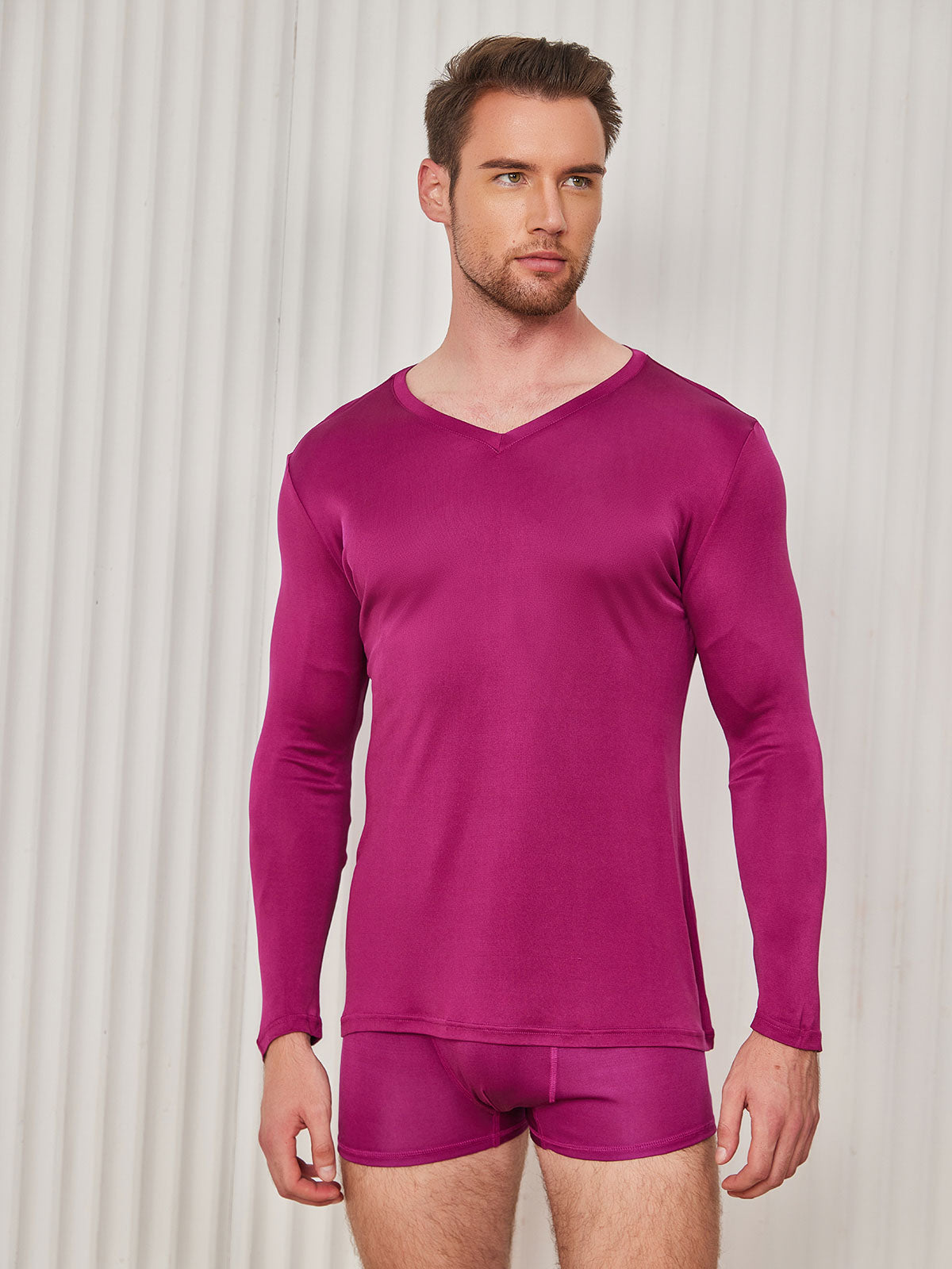 [Dark Red] SilkSilky-CA Silk Knitted Long Sleeve V Neck Men's T-Shirt 003