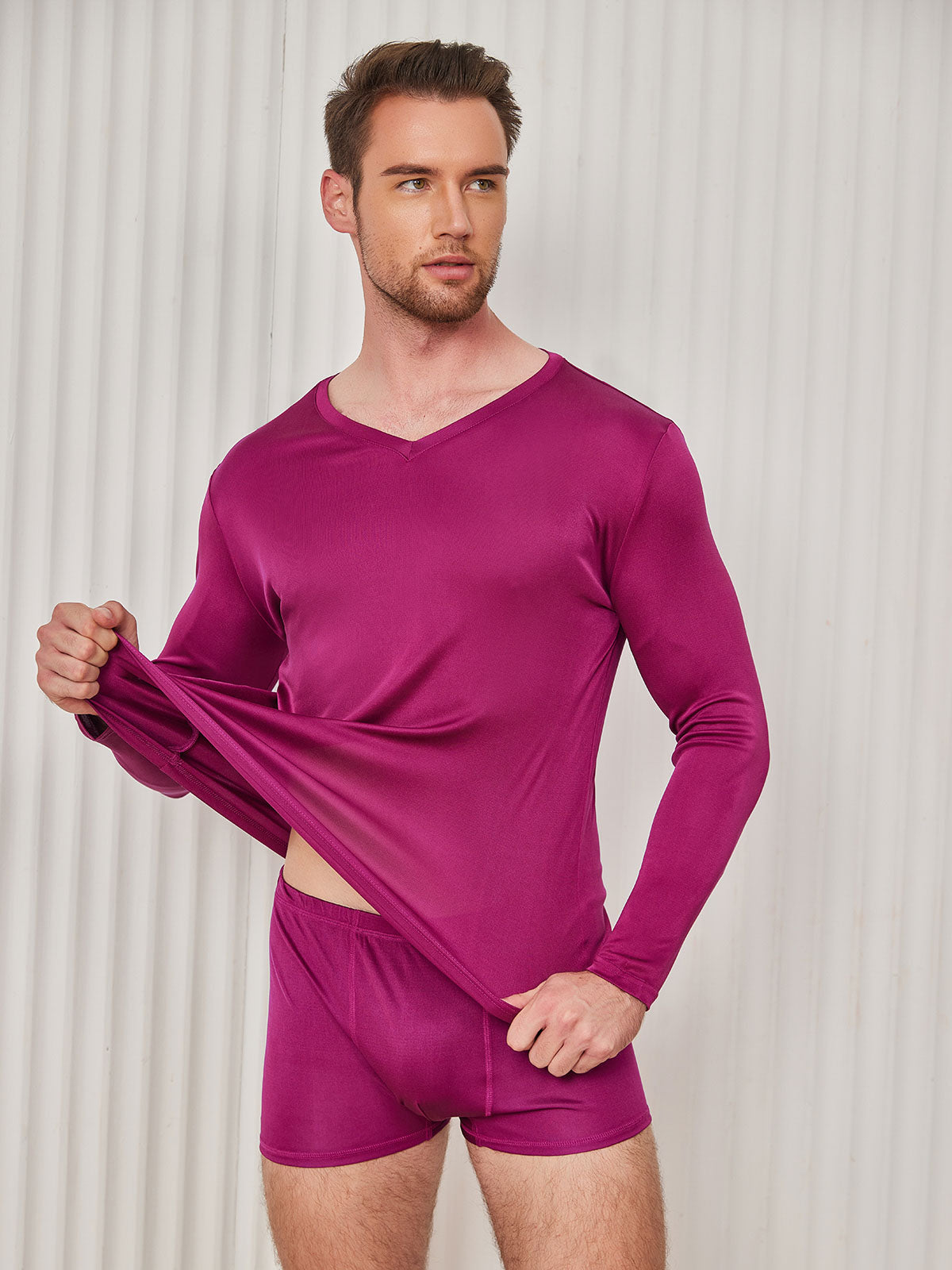 [Dark Red] SilkSilky-CA Silk Knitted Long Sleeve V Neck Men's T-Shirt 004