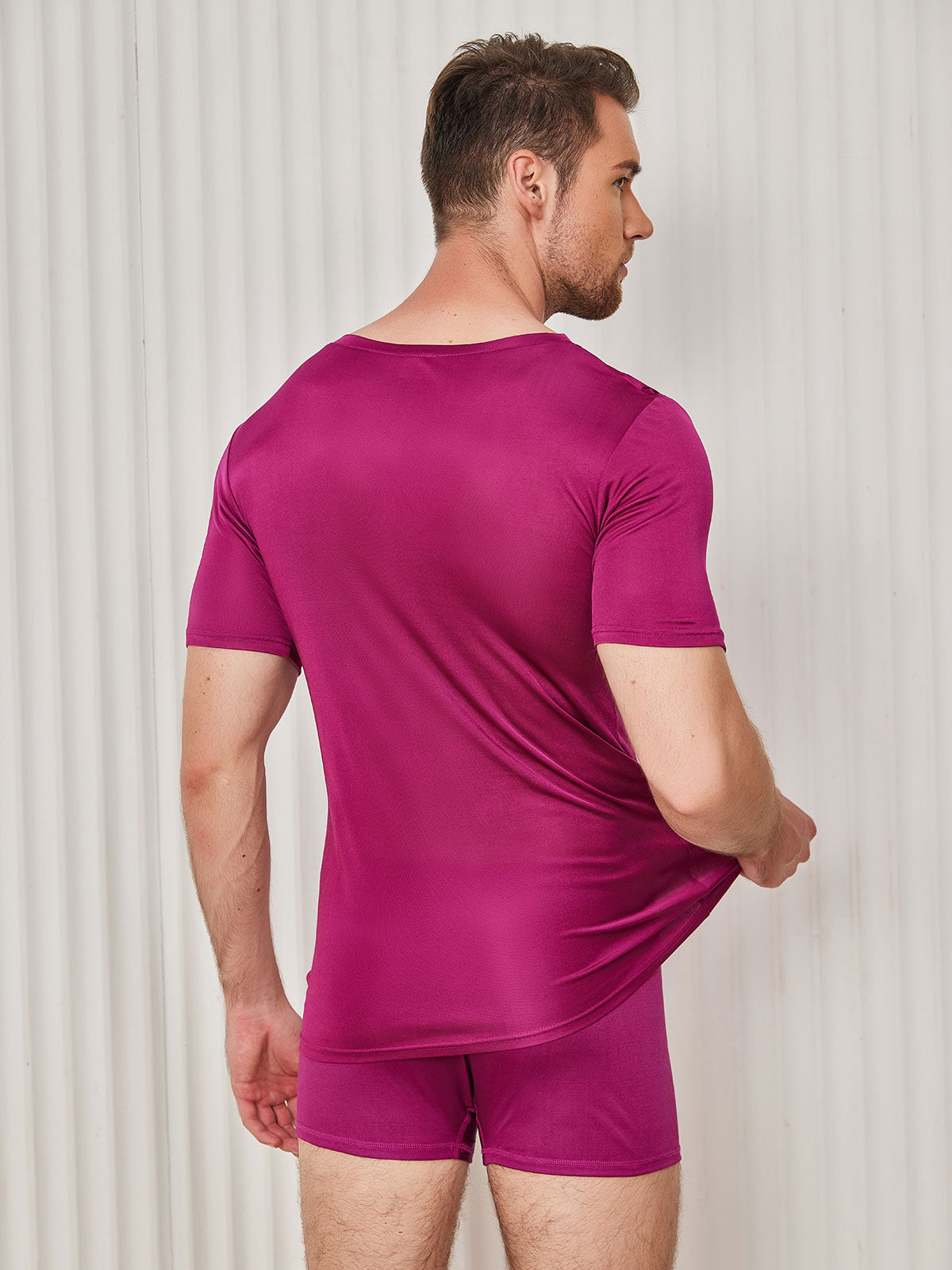 [Dark Red] SilkSilky-CA Silk Knitted Short Sleeve V Neck Men's T-Shirt 002