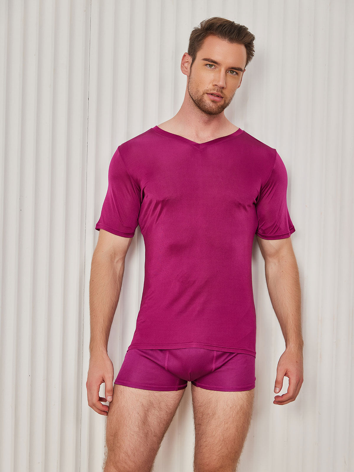 [Dark Red] SilkSilky-CA Silk Knitted Short Sleeve V Neck Men's T-Shirt 004