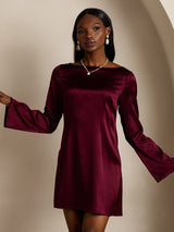 [Dark Red] SilkSilky-CA Long Sleeve Boat Neck Dress 004