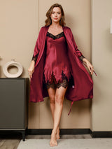 [Dark Red] SilkSilky-CA 3/4 Sleeve V Neck Nightgown&Robe Set 001