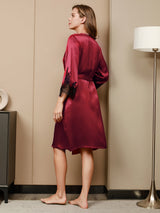 [Dark Red] SilkSilky-CA 3/4 Sleeve V Neck Nightgown&Robe Set 004