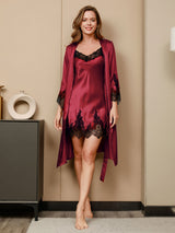 [Dark Red] SilkSilky-CA 3/4 Sleeve V Neck Nightgown&Robe Set 005