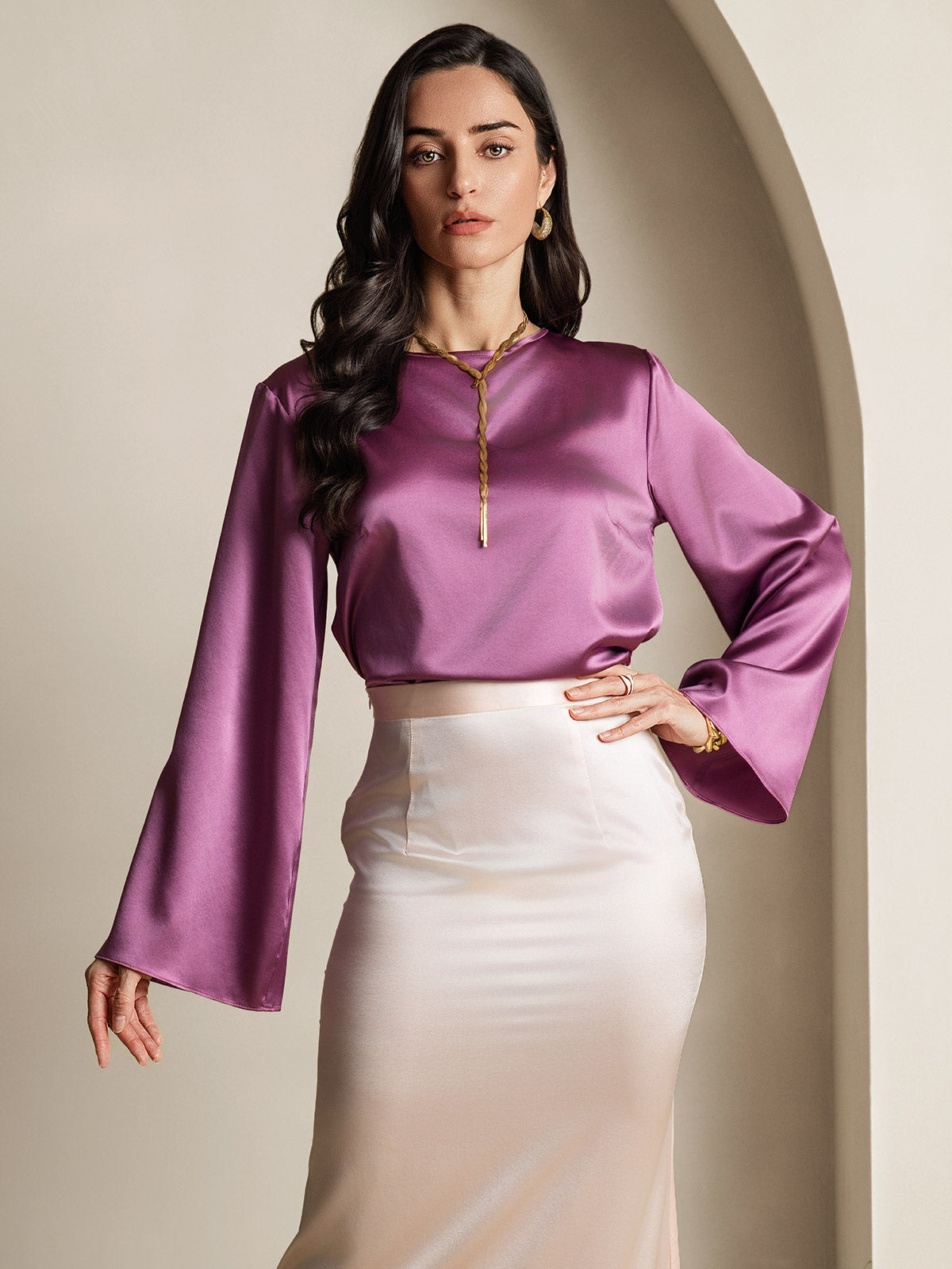 [Deep Purple] SilkSilky-CA 19Momme Silk Long Sleeve Round Neck Women's T-Shirt 001