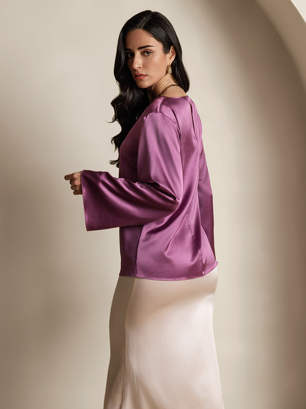 [Deep Purple] SilkSilky-CA 19Momme Silk Long Sleeve Round Neck Women's T-Shirt 002