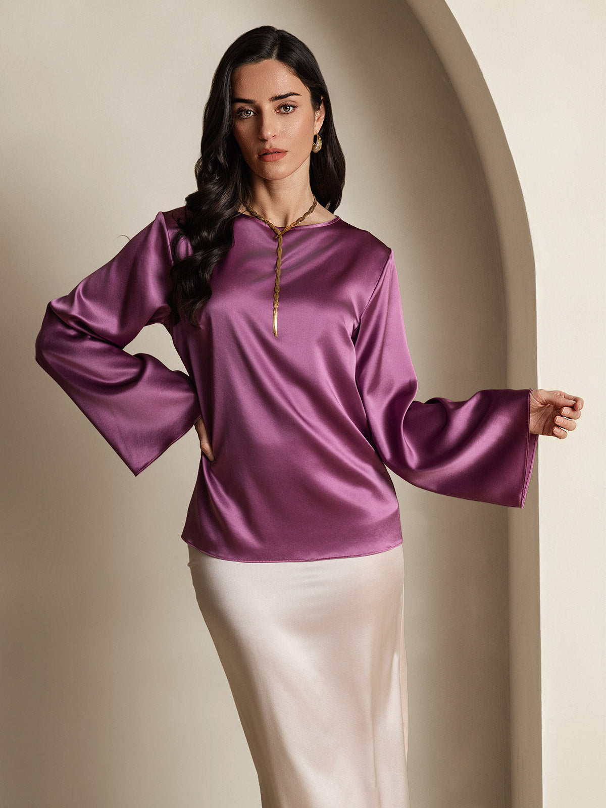 [Deep Purple] SilkSilky-CA 19Momme Silk Long Sleeve Round Neck Women's T-Shirt 003