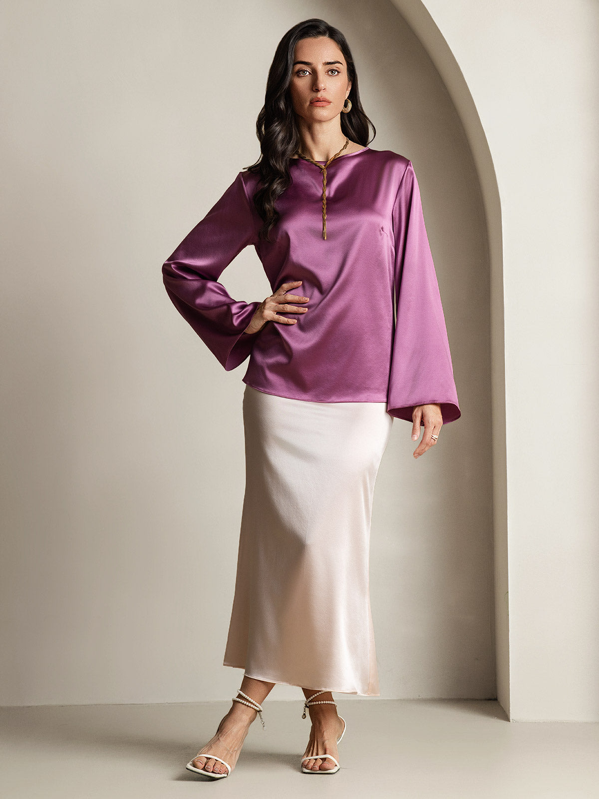 [Deep Purple] SilkSilky-CA 19Momme Silk Long Sleeve Round Neck Women's T-Shirt 006