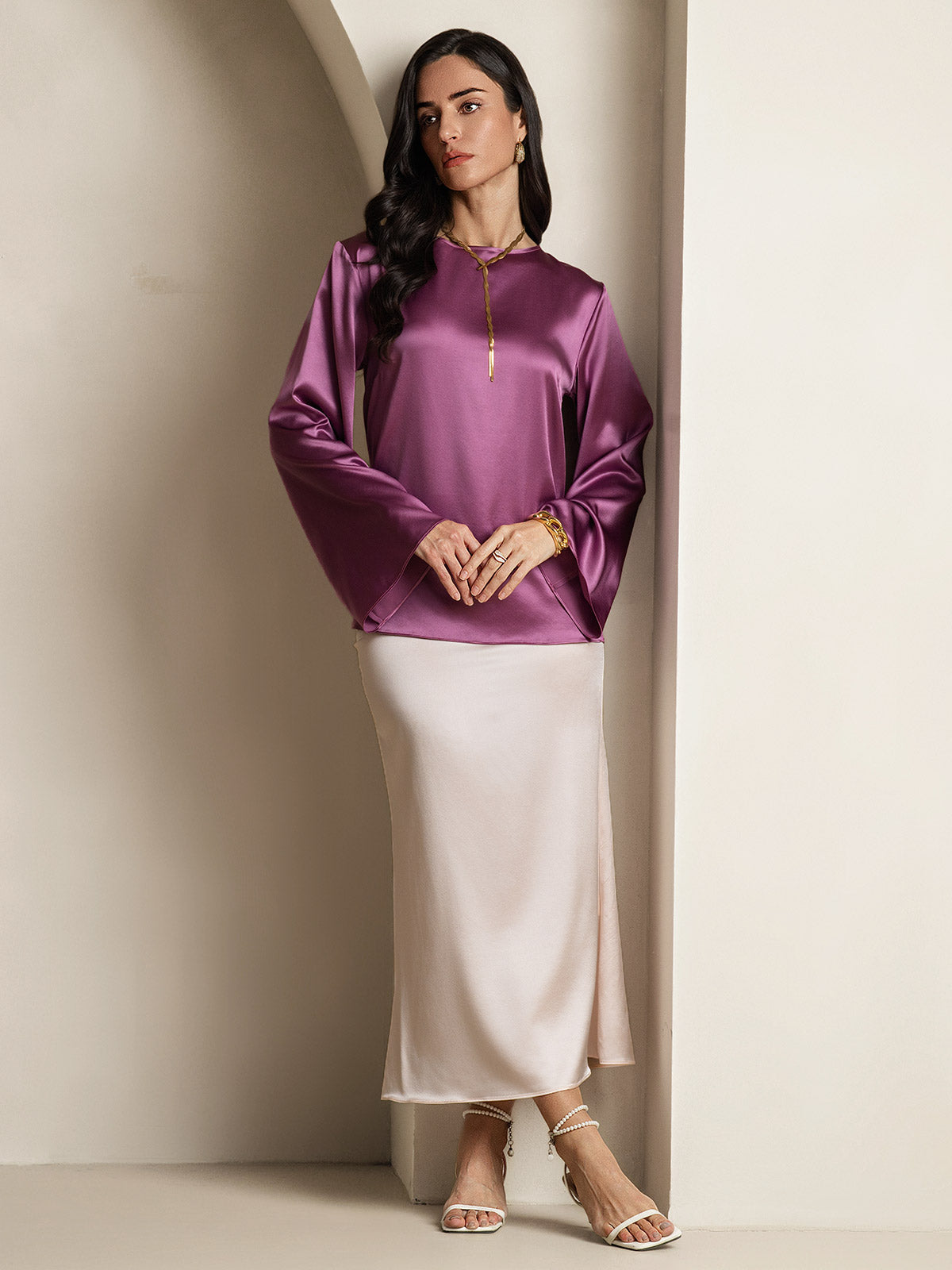 [Deep Purple] SilkSilky-CA 19Momme Silk Long Sleeve Round Neck Women's T-Shirt 007