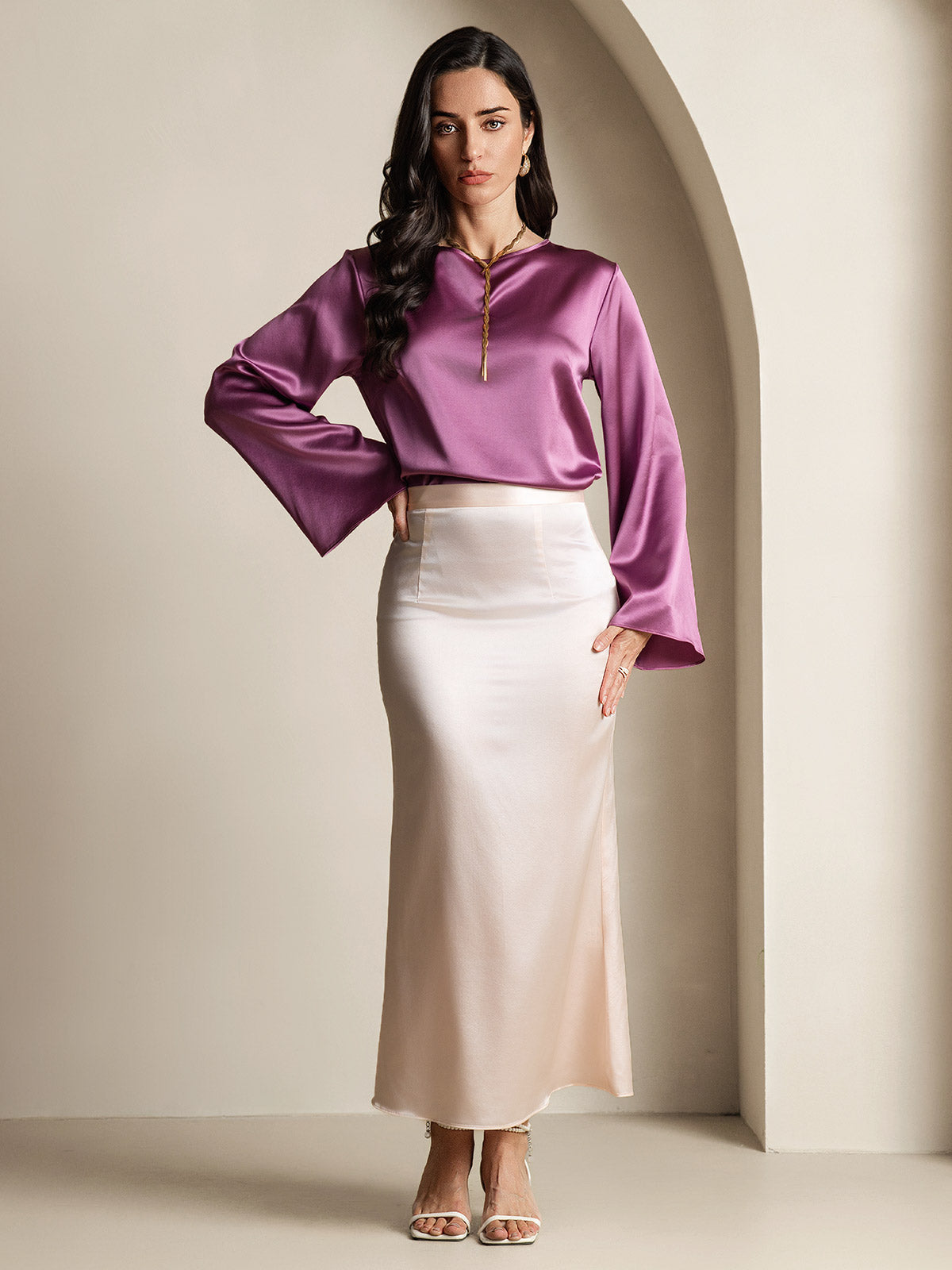 [Deep Purple] SilkSilky-CA 19Momme Silk Long Sleeve Round Neck Women's T-Shirt 008