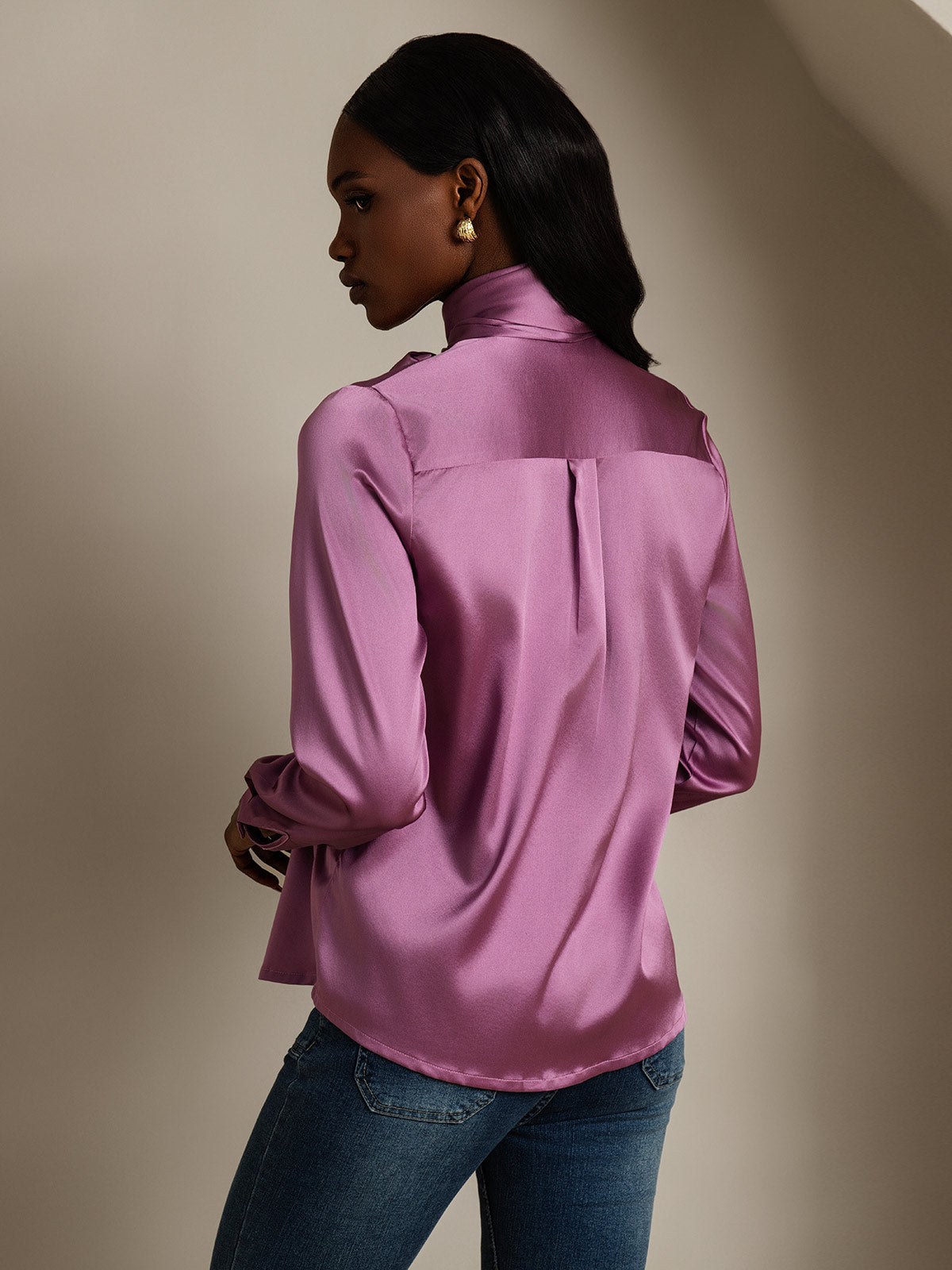 [Deep Purple] SilkSilky-CA 19Momme Silk Long Sleeve Tie Neck Women's Shirt 002