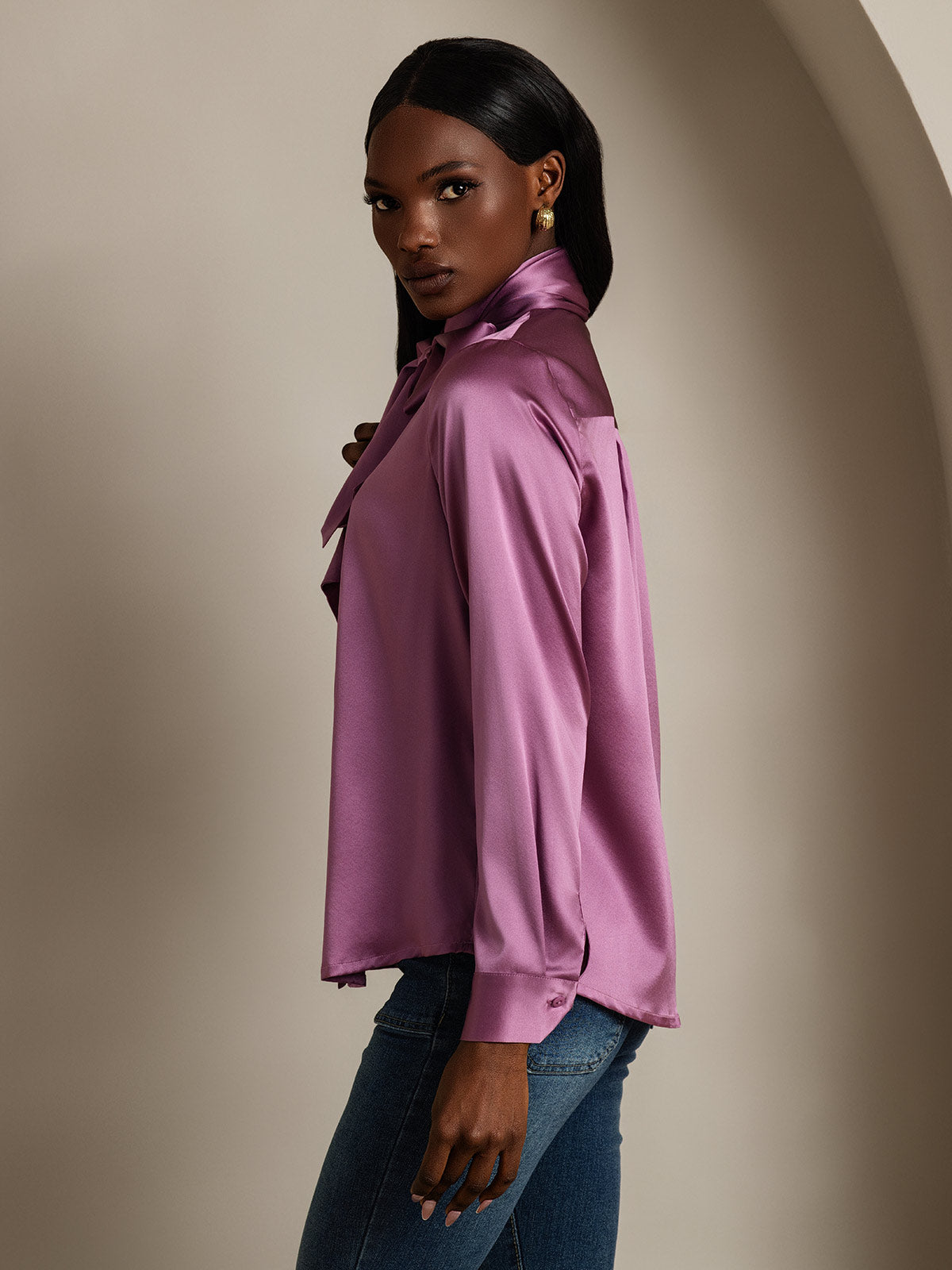 [Deep Purple] SilkSilky-CA 19Momme Silk Long Sleeve Tie Neck Women's Shirt 004