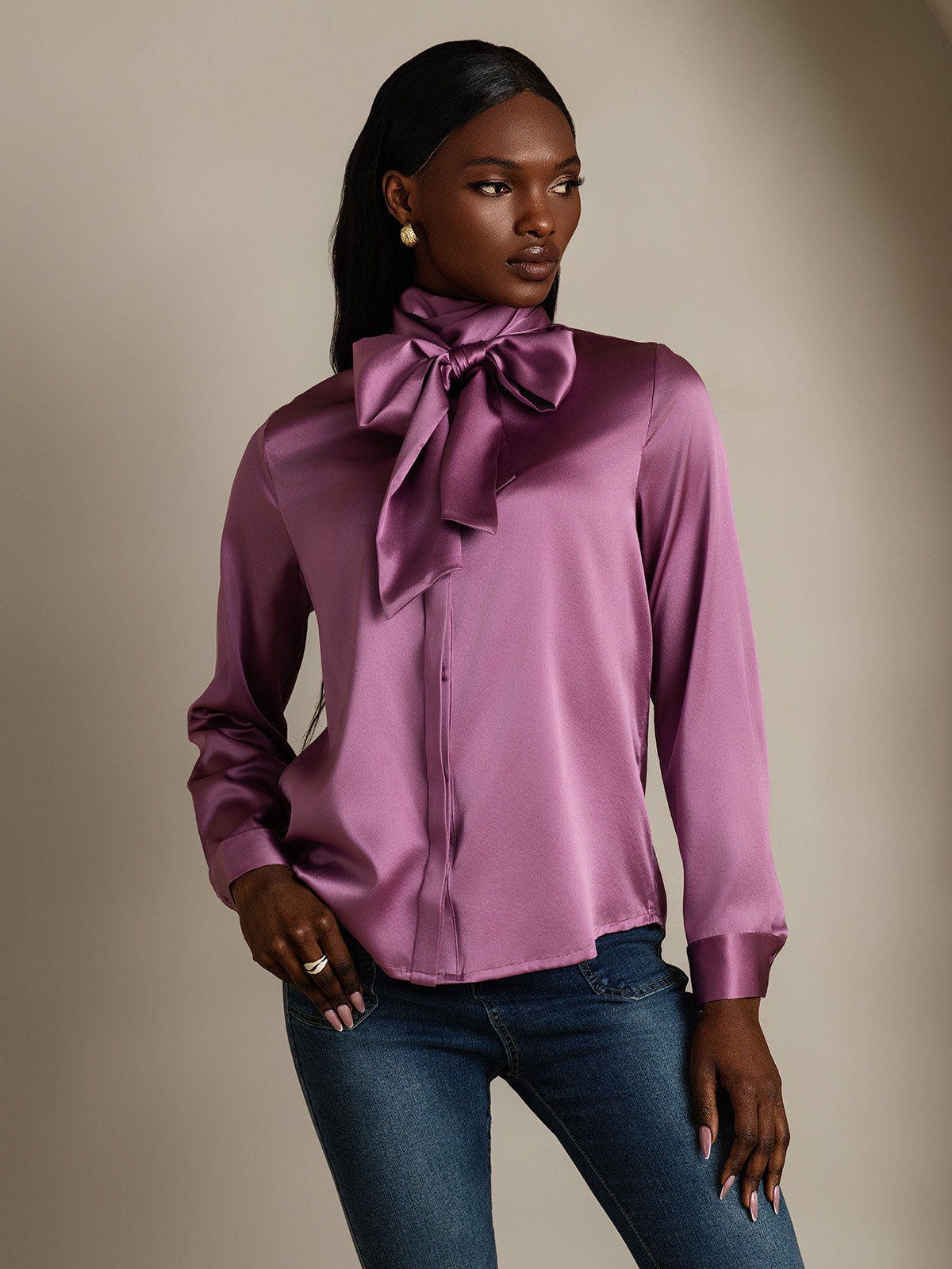 [Deep Purple] SilkSilky-CA 19Momme Silk Long Sleeve Tie Neck Women's Shirt 005