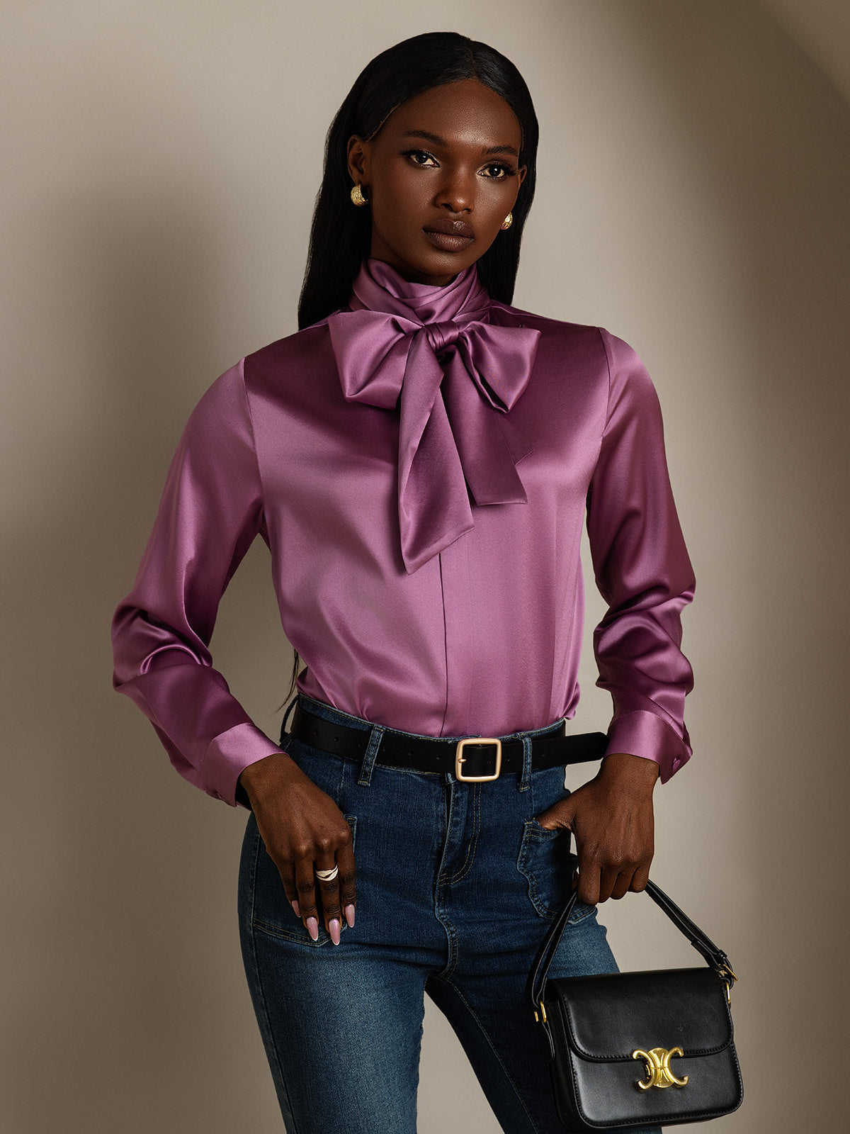 [Deep Purple] SilkSilky-CA 19Momme Silk Long Sleeve Tie Neck Women's Shirt 006