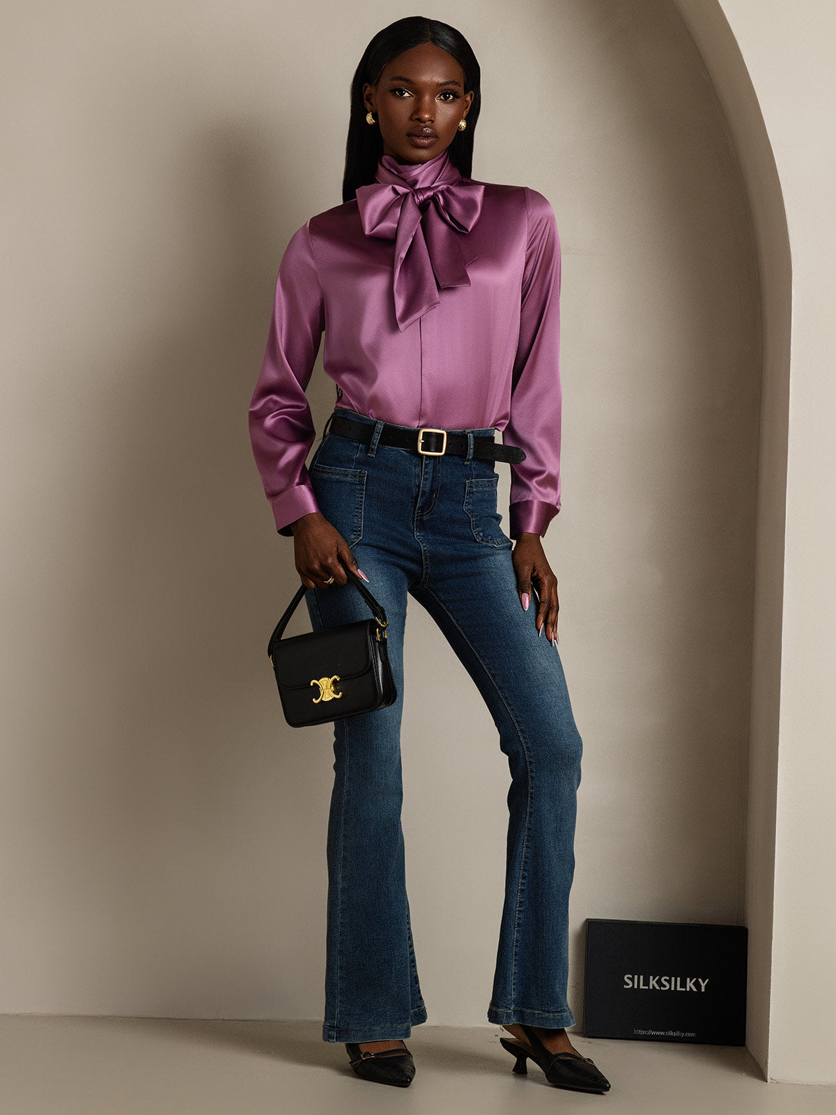 [Deep Purple] SilkSilky-CA 19Momme Silk Long Sleeve Tie Neck Women's Shirt 007