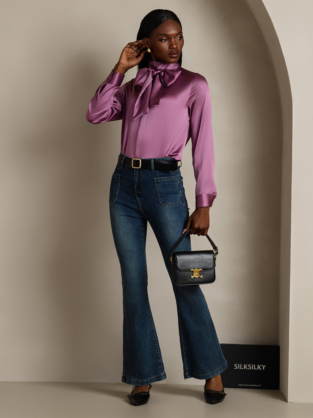 [Deep Purple] SilkSilky-CA 19Momme Silk Long Sleeve Tie Neck Women's Shirt 008