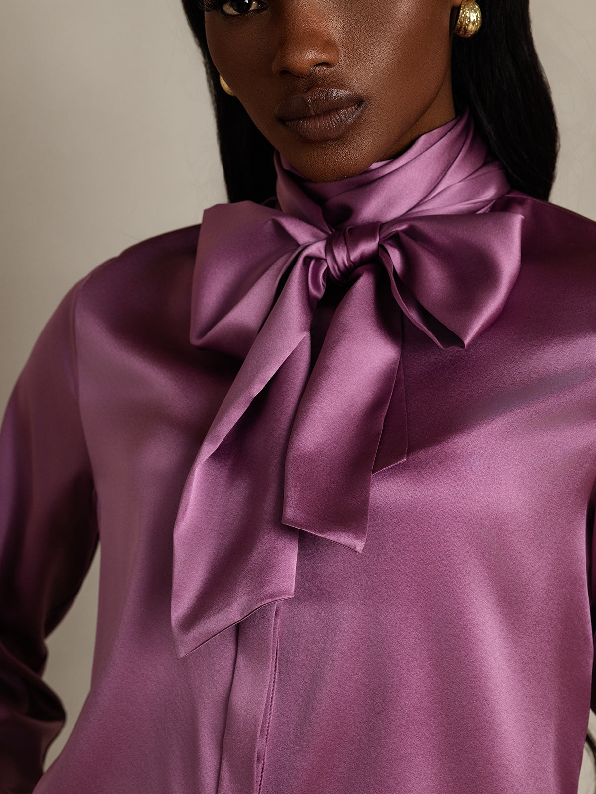 [Deep Purple] SilkSilky-CA 19Momme Silk Long Sleeve Tie Neck Women's Shirt 009